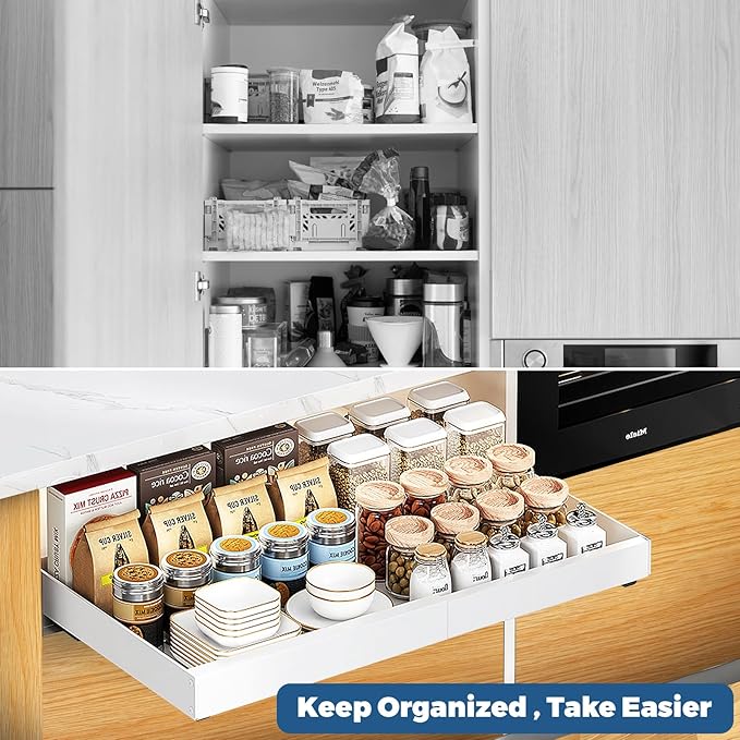 Pull-out Cabinet Organizer, ExpandableHeavy Duty Slide out Drawers Fixed with Adhesive Nano Film for Pots, Roll out Shelf Storage for Kitchen Base Cabinet Organization (white-2PCS)