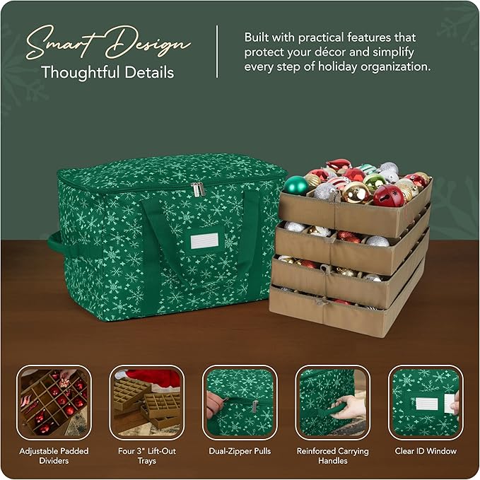 Covermates Keepsakes Adjustable Ornament Storage Bag – Heavy-Duty Polyester, Padded Dividers & FlexGrid Trays – Protective Holiday Ornament Organizer with Handles & Label Window, Green Snowflake