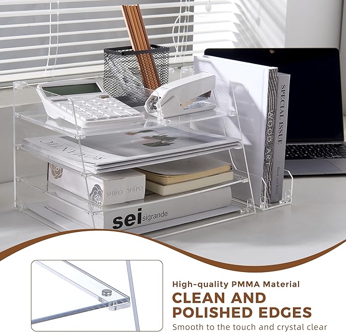 Acrylic Desk Organizer - 4-Tier Tray with Vertical File Holder for Books, Stationary, Letter, Magazines, Documents, and File Organizer - Durable Space Saving Storage, For Home and Office