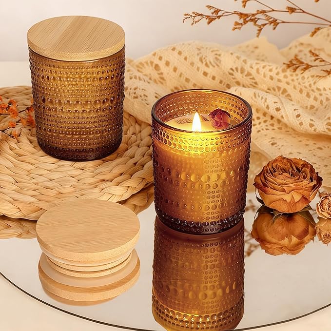 CONNOO 16pcs Pearl Candle Glass Jars with Natural Bamboo Lids, 7oz Thick Containers for Candle Making with Wicks & Stickers, Pearl Amber Jars for DIY Projects, Bulk Orders, Gifts & Home Décor