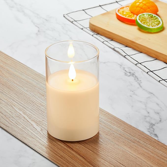 Flickering Flameless Candles, Battery Operated Candles with 3D Wick, Last 1000+ Hours LED Candle with Remote and Timer, Rechargeable Candle Real Wax White Glass, Home Decor 3" x 5"