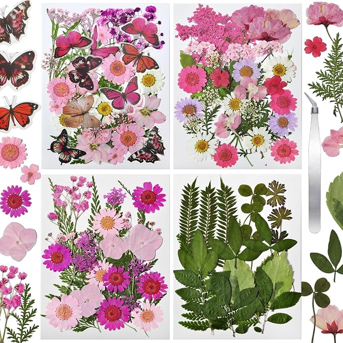 CONVELIFE Dried Flowers for Resin 116Pcs, Pink Real Natural Pressed Flowers with 10 Butterfly Stickers, Dried Leaves kit for Scrapbook Supplies Card Making Resin Jewelry Soap Candle DIY Crafts