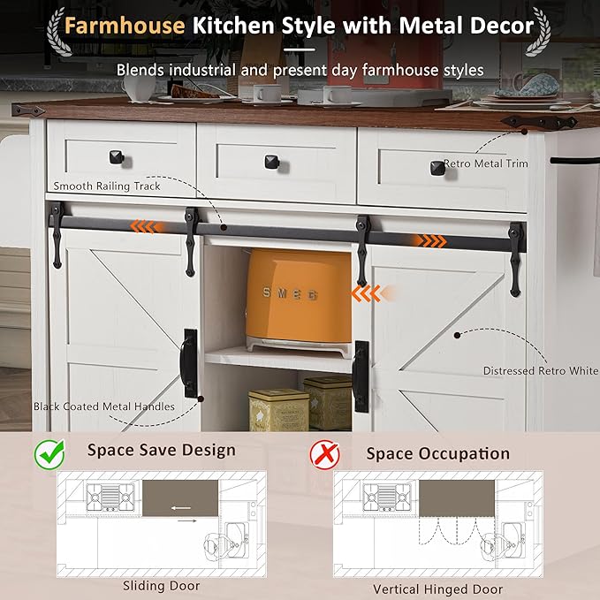 Amposei Farmhouse Kitchen Island on Wheels with Drop Leaf & Power Outlet, 53.7-Inch Rolling Storage Island Cart with Drawers, Sliding Barn Door Cabinets, Spice Rack (Retro White)