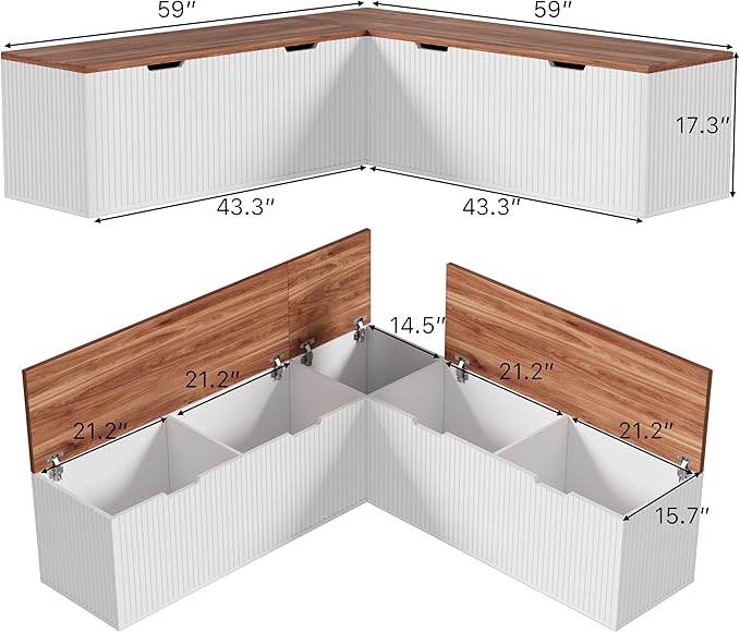 L-Shape Bench with Cushion,Backless Wood Kitchen Breakfast Corner Bench with Hidden Storage,Corner Dining Bench for Entryway,Dining Nook, Kitchen,Cloakroom (Brown)