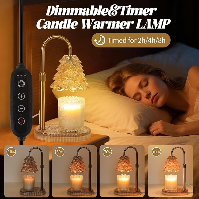 Christmas Tree Shaped Candle Warmer Lamp with Timer & Dimmer – Adjustable Wax Melt Lamp for Jar Candles, Home Decor Accent for Women – 2 Bulbs, Flame-Free & No-Smoke Use (Amber)