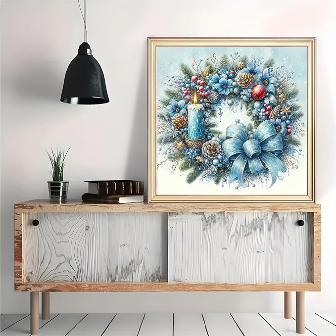 Christmas Candle Wreath Diamond Art Painting Kits for Adults, Winter Diamond Painting Kits for Adults Beginners, 5D DIY Full Drill Diamond Dot Gem Art Kits for Adult, Home Wall Decor 13.8x13.8 Inch