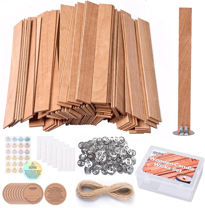 200pcs Thickened Wooden Candle Wicks Kit for Candle Making – Natural Smokeless Crackling Include 100pcs Wood Wicks with 100pcs Metal Bases, DIY Soy Wax Supplies