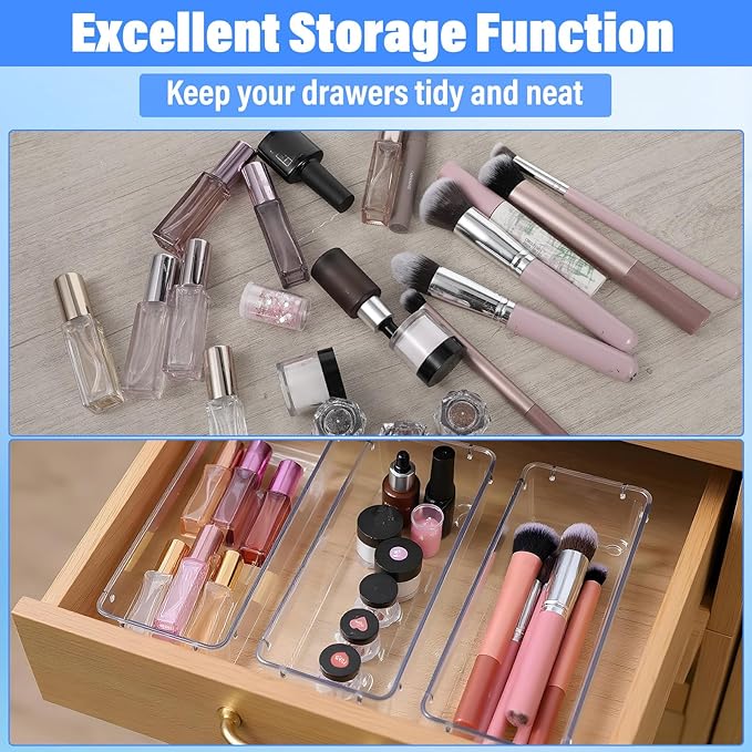 14PCS Vanity Drawer Organizer, 9 x 3 x 2 Inch Clear Plastic Silverware Utensil Organizers Bins, Versatile Desk Tray Drawers Dividers for Makeup Jewelry Kitchen Bathroom and Office Organization