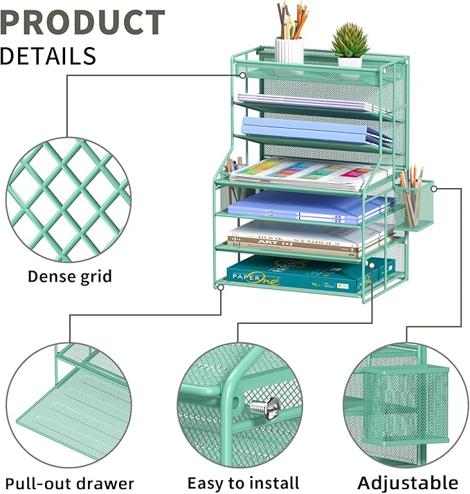 7 Tier Desk File Organizer,Metal Document Holder with Adjustable Shelves, Pull-Out Drawer & Removable Pen Holder for Office Organization,Green