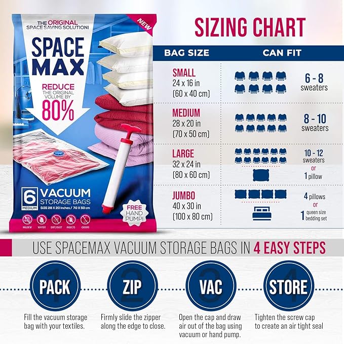 Large 6 Pack | SPACE MAX Premium Space Saver Vacuum Storage Bags - Save 80% More Storage Space - Reusable, Double Zip Seal & Leak Valve, Includes Travel Hand Pump