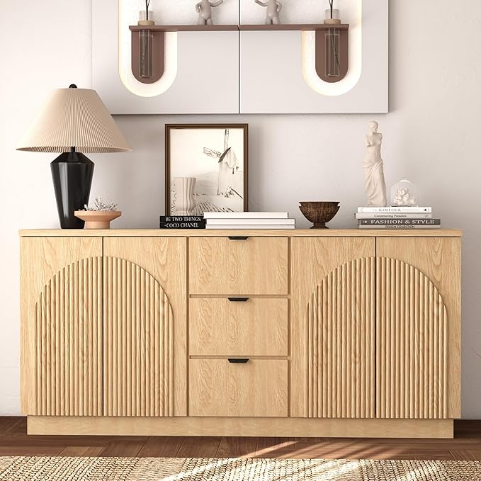 Brafab 67" Mid Century Modern Style Storage Sideboard with 4 Arched Reeded Design Doors and 3 Drawers with Adjustable Shelves, Suitable for Living Rooms, Studies and Dining Rooms (Natural Oak, 1 PCS)