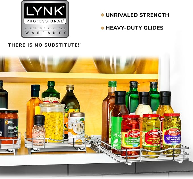 LYNK PROFESSIONAL® Pull Out Spice Rack Organizer for Inside Kitchen Cabinets - 10-3/8 inch Wide - Slide Out Drawer – Chrome Sliding Spice Organization for cabinet - Spice Racks - 1 Tier