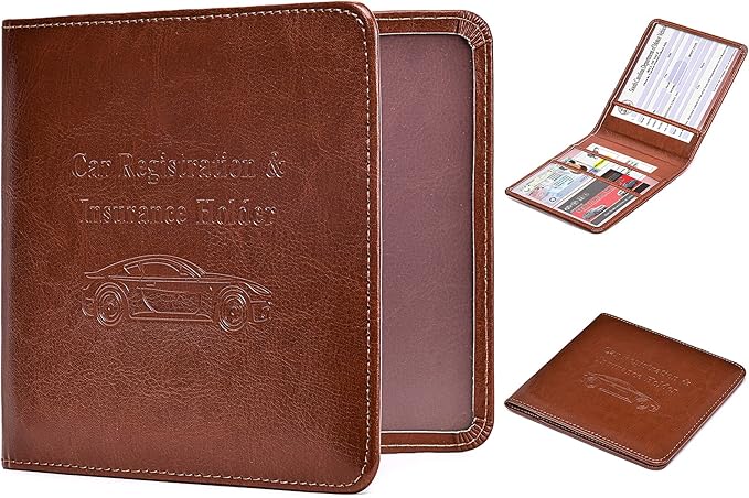 HerriaT Car Registration and Insurance Card Holder - Leather Vehicle Glove Box Automobile Documents Paperwork Wallet Case Organizer for ID, Driver's License, Key Contact Information Cards - Men&Women