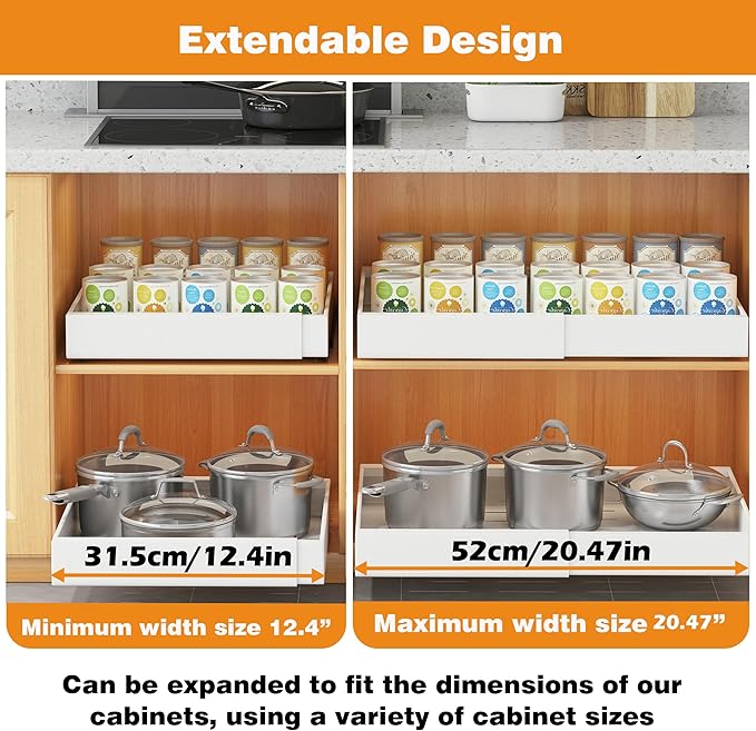 COVAODQ 1 Pack Pull Out Cabinet Organizer Extendable Sliding Slide Out Pantry Shelves Storage No Punch for Kitchen Base Cabinet Organization, Pantry, Bathroom Adjustable Width 12.4" to 20.4"