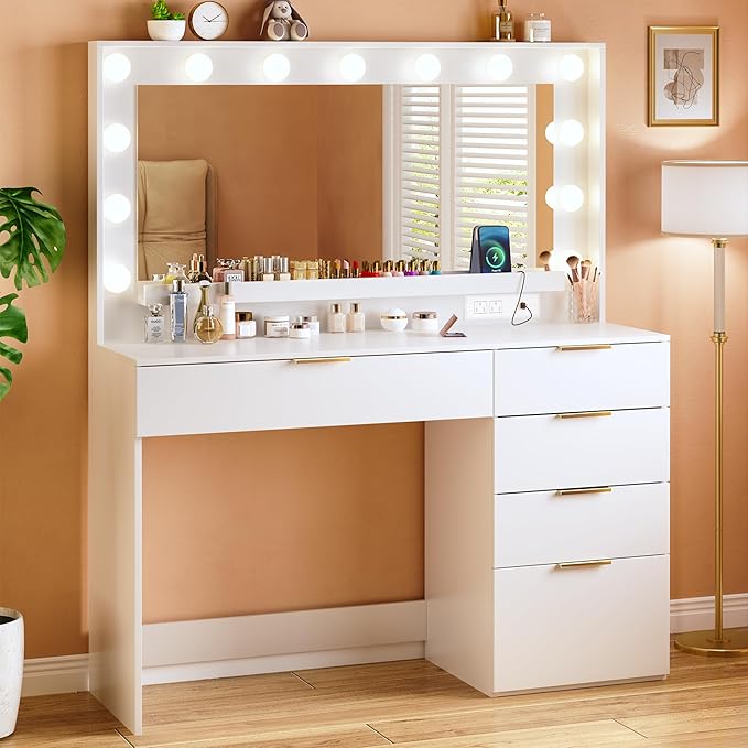 ALEXNUTRE Vanity Desk with Mirror and Lights, Makeup Vanity with Large Mirror & 13 Lights, White Vanity with 5 Drawers, 3 Lighting Modes Adjustable, Vanity Desk with Power Outlet for Bedroom
