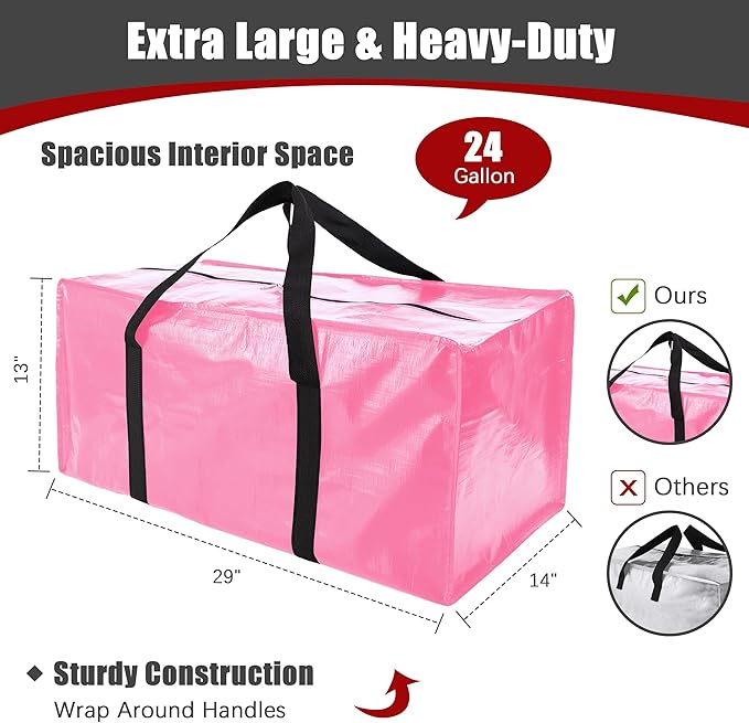 PANDA JOYS 12 Pack Extra Large Moving Bags with Zippers & Carrying Handles, Heavy-Duty Storage Tote for Space Saving Moving Storage, Fold Flat, Alternative to Box and Bin,Pink