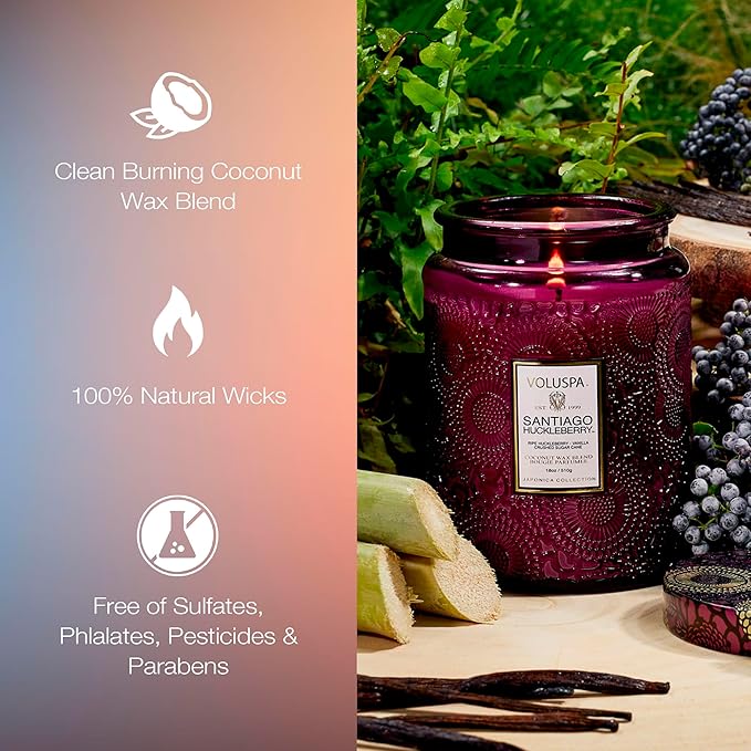 Voluspa Santiago Huckleberry, Large Candle Jar, 18 oz, 100 Hour Burn Time, All Natural Wicks and Coconut Wax for Clean Burning, Vegan, Poured in The USA
