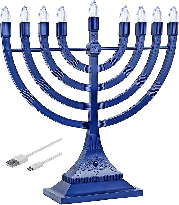 Zion Judaica Blue Electronic Hanukkah Menorah Powered by Batteries or USB 4' Cable Included Flameless Chanukkah Candles Holder LED Electric Minorah Bulbs Chanukah Deco Chanukkiah