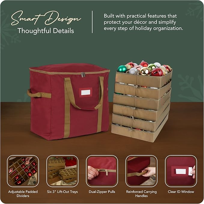 Covermates Keepsakes Adjustable Ornament Storage Bag – Heavy-Duty Polyester, Padded Dividers & FlexGrid Trays – Protective Holiday Ornament Organizer with Handles & Label Window, Red