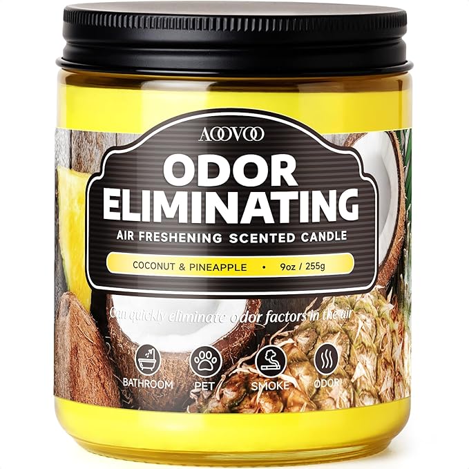 AOOVOO Coconut Pineapple Odor Eliminating Highly Fragranced Candle - Eliminates 95% of Pet, Smoke, Food, and Other Smells Quickly, Air Freshing Soy Candle, 9 oz Up to 50 Hours Burn time