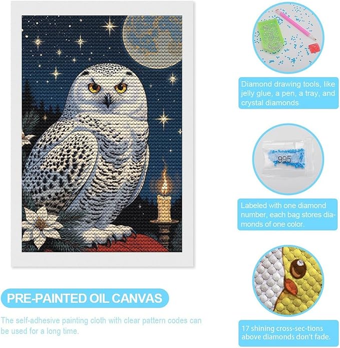 KIVJMSIDJA 5D Diamond Painting Kit for Snowy Owl & Candle Glow - Winter Night Scene Adults Full Drill Round Rhinestone Art Craft DIY Home Wall Decor 8"x12"