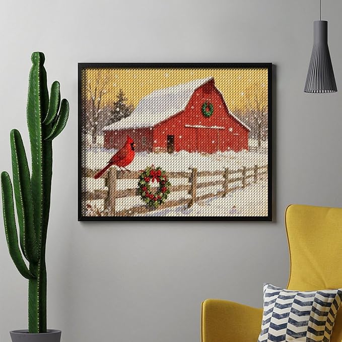 AIVKIEJK Diamond Painting Kits for Adults - Christmas Winter Cardinal, Red Barn Scene Painting DIY 5D Full Drill Diamond Dots Paintings with Diamonds Gem Art and Crafts Home Decor 16"x20"