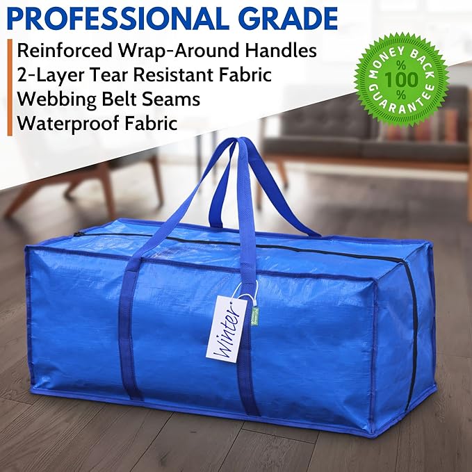 Creative Green Life Extra Large Moving Bags and Clothing Storage Bins with Strong Zipper & Carry Handles, Stackable, Heavy Duty Packing Moving Boxes for College Dorm Room Essentials (Blue, 4 Pack)
