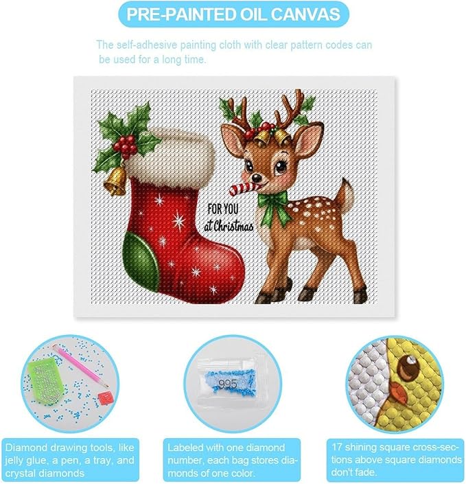 AIVKIEJK Diamond Painting Kits for Adults - Deer Sugar Bell Holiday Christmas Painting DIY 5D Full Drill Diamond Dots Paintings with Diamonds Gem Art and Crafts Home Decor 12"x16"