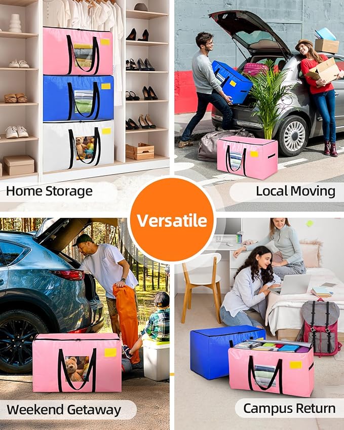 Extra Large Moving Bags, 4 Pack Heavy Duty Storage Bags Boxes Bins Totes with Hnadles Zippers Visible Window for Clothes College Dorm Travel, Pink