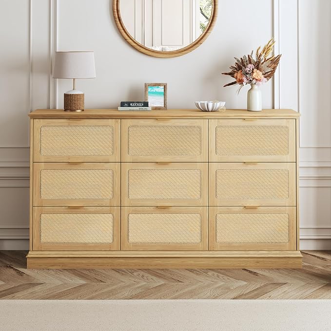 HUAHUU 9 Drawer Dresser for Bedroom, 60 Inch Long Dressers & Rattan Chest of Drawers, Large TV Stand for 55, 65, 70 Inch TV, Boho Style, Modern Dresser for, Living Room, Entryway, Bedroom, Natural Oak