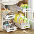 2 Pack Under Sink Organizer and Storage, 2 Tier Pull Out Sliding Cabinet Shelf, 5-Level Height Adjustable Thickened Carbon Steel Storage Rack for Kitchen Bathroom Cabinet,White