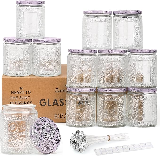LumaCraft Luxury Embossed Glass Candle Jars for Making Candles - 12 Pack Empty Candle Containers with Airtight Metal Lids, 20 Wicks & 20 Stickers, Colored Glass Jars for Gifts & Decor-8OZ