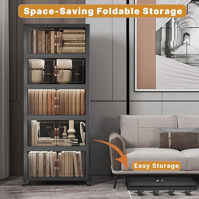 Stackable Storage Bins with Lids 240QT-48QT*5Pack Folding Storage box with Doors and Wheels, Collapsible Plastic Bins Stackable Organizer and Containers for Home, Garage, Office
