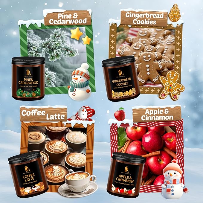 Winter Candle Set, Candles for Home Scented, 4 Pack Soy Candles Gifts for Women Men, Winter Scents of Gingerbread Cookies/Apple & Cinnamon/Coffee Latte/Pine & Cedarwood