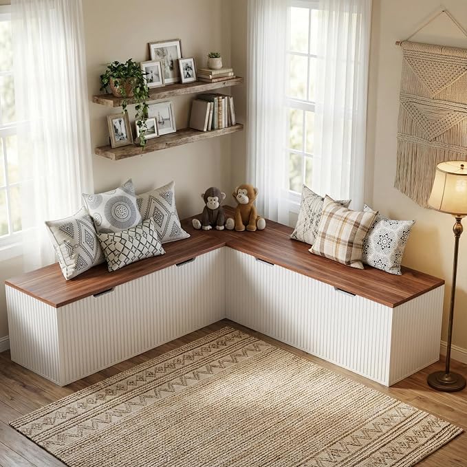 L-Shape Bench with Cushion,Backless Wood Kitchen Breakfast Corner Bench with Hidden Storage,Corner Dining Bench for Entryway,Dining Nook, Kitchen,Cloakroom (Brown)