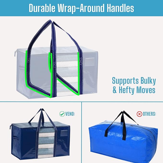 VENO 10 Pack Moving Bags with Clear Window, Heavy Duty Storage Bins with Lid, Around Handles, Tag, Zippers, Extra Large Totes Packing Moving Boxes Supplies for College Dorm Clothes (Blue, 10 Packs)