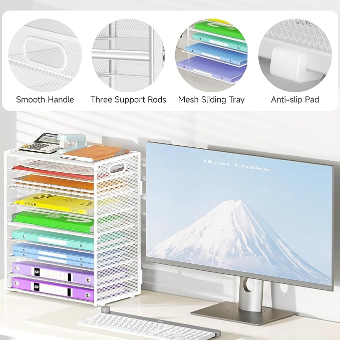 Cawukege 9 Tier Paper Organizer with Handle, White Large Capacity Desk Organizer Mesh File Folder Letter Paper Tray Desktop Document Sorter for Classroom, School, and Office Accessories Organization