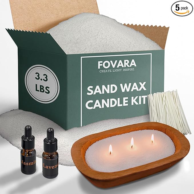 Fovara - Pearled Sand Candles with Wicks, 3.3 lbs - Sand Wax Candle Kit: Wooden Dough Bowl,50 Wicks, Jasmine & Lavender Scented Oil - Long-Lasting Candle Beads, Non-Toxic, Reusable Candles - White