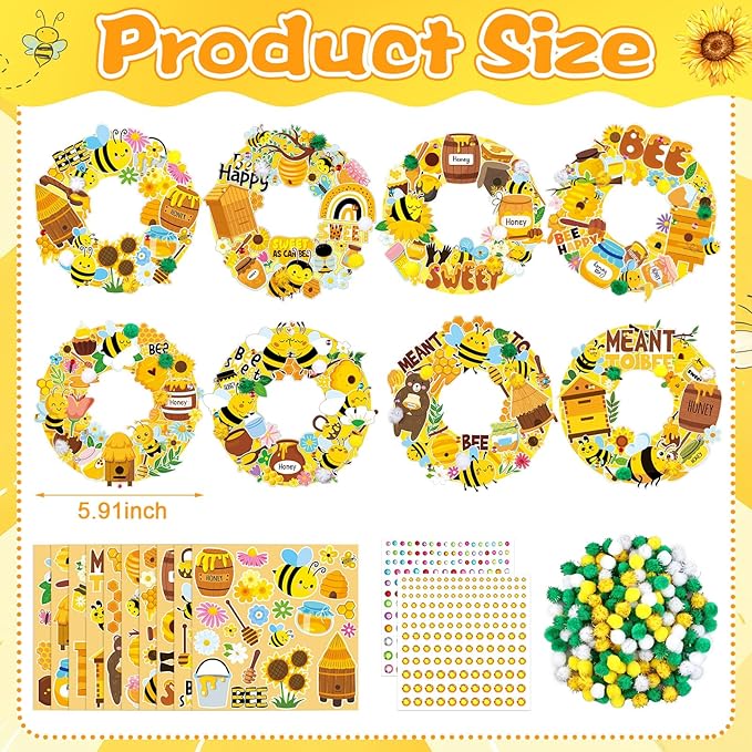 Hollowfly 48 Sets Bee Wreath Crafts Kits DIY Honey Bee Wreath Hanging Ornaments Make Your Own Paper Honeybee Craft with Sunflower Honey Flower Stickers for Summer Home Party Favors Activities