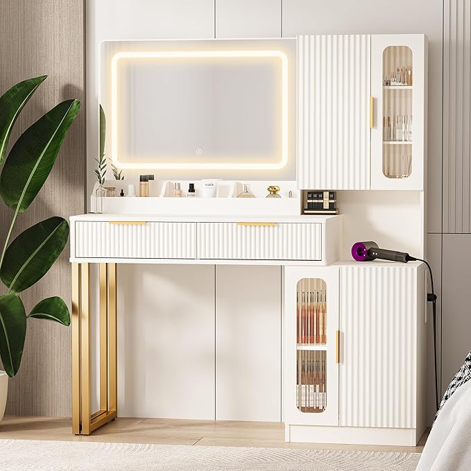 Makeup Vanity Desk with Mirror and Lights, Makeup Desk with 5 Shelves& 2 Storage Cabinet, Vanity Table with Power Outlet, 3 Color Adjustable Lighting Dressing Table Set for Bedroom
