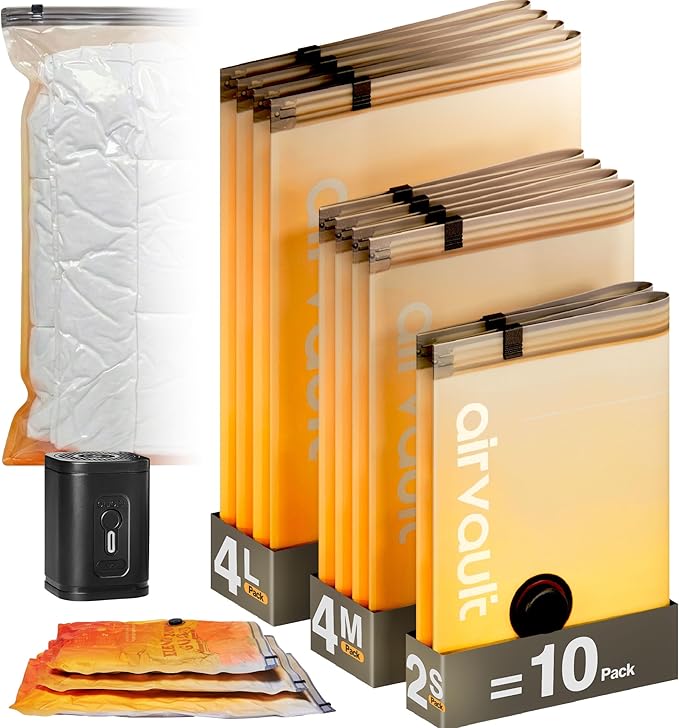 AirVault Vacuum Storage Bags for Travel & Home - Space Saver Compression Packing Bags Set for Clothes, Blankets & Seasonal Storage, Small (2), Medium (4), Large (4) (Orange,10-Pack Combo)