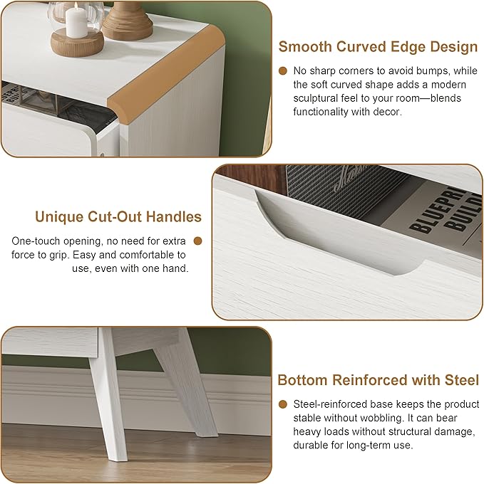 White Modern 6-Drawer Dresser & TV Stand, 47" Wide Storage Cabinet with Unique Wooden Handles, Mid-Century Style Chest of Drawers for Bedroom, Living Room, Hallway