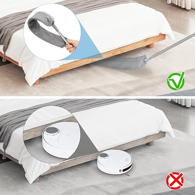 Retractable Gap Dust Cleaner with 15-98 Inch Extension Pole, Flat Duster for Under Appliances and Furniture, Includes 2 Washable Microfiber Pads for High Ceilings and Hard to Reach Spaces