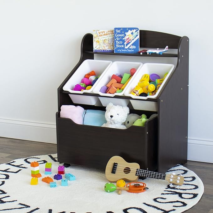 Humble Crew 3-in-1 Kids Bookshelf and Toy Storage Organizer, Espresso - Toddler Organizers with Rolling Toy Box and 3 Plastic Bins – Sturdy Baby Book Shelf, Perfect for Nursery and Playroom