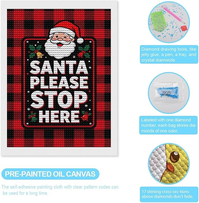 AIVKIEJK Diamond Painting Kits for Adults - Holly & Stars, Santa Please Stop Here Painting DIY 5D Full Drill Diamond Dots Paintings with Diamonds Gem Art and Crafts Home Decor 12"x16"