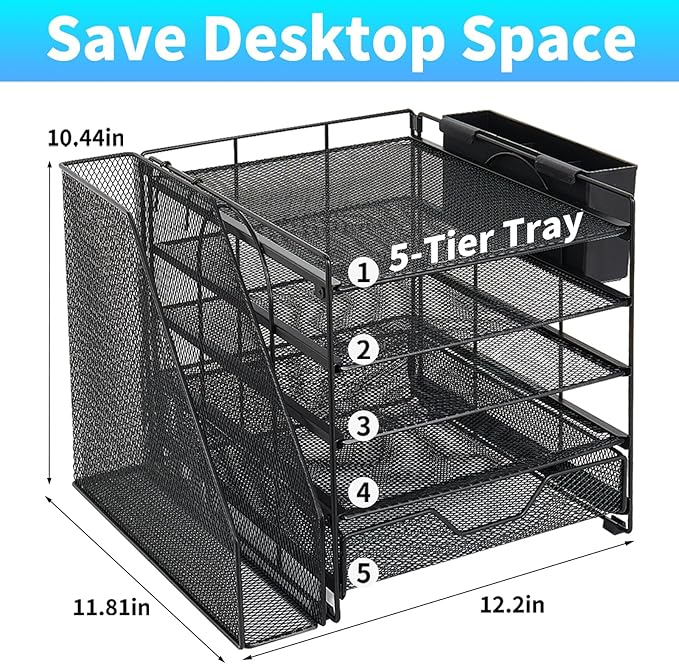 Desk Organizer, 5-Tier Paper Letter Tray Organizer with File Holder, Drawer and Pen Holder, Desktop Organizer for Office Supplies, Black