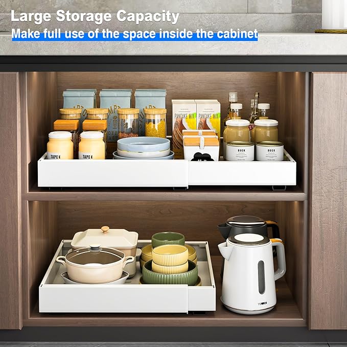 2 Pack Pull Out Cabinet Organizer, Expandable Slide Out Drawers for Kitchen Cabinets Peel and Stick Pullout Drawer Heavy Duty Sliding Shelves for Cupboard, Pantry, Bathroom(16.5" Deep, White)