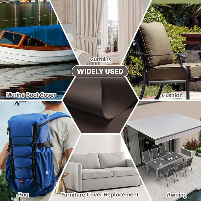 Waterproof Marine Canvas Fabric by The Yard 58" W 600D PVC Backing Water-Resistant Polyester Fabric Upholstery Material for Outdoor Indoor Marine Awning Tent Boat Furniture Cover, 1 Yard Dark Brown