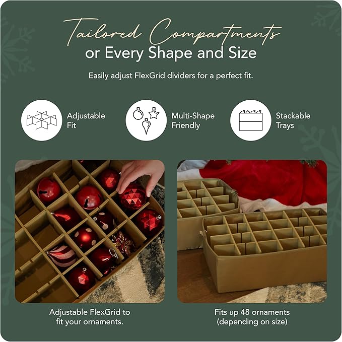 Covermates Keepsakes Adjustable Ornament Storage Bag – Heavy-Duty Polyester, Padded Dividers & FlexGrid Trays – Protective Holiday Ornament Organizer with Handles & Label Window, Green Snowflake