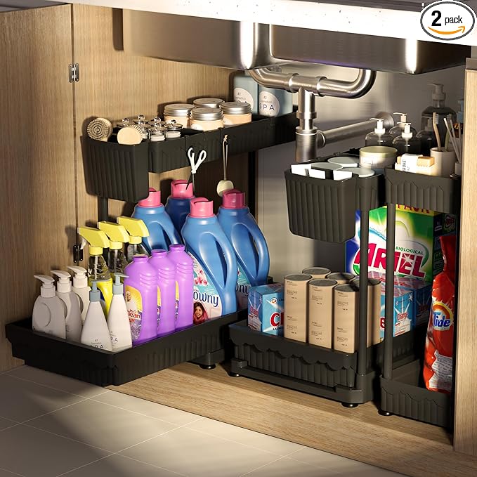 3 Pack Multi-Purpose Under Sink Organizers and Storage, 2026 L-Shaped Pull Out Cabinet Organizer for Bathroom & Kitchen, Under Cabinet Organizer with Hooks Hanging Cup (Black, 14.85 inch)